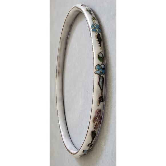 Vintage Cloisonné Large White Pink Green Flower Enamel Bangle Bracelet - Picture 1 of 10